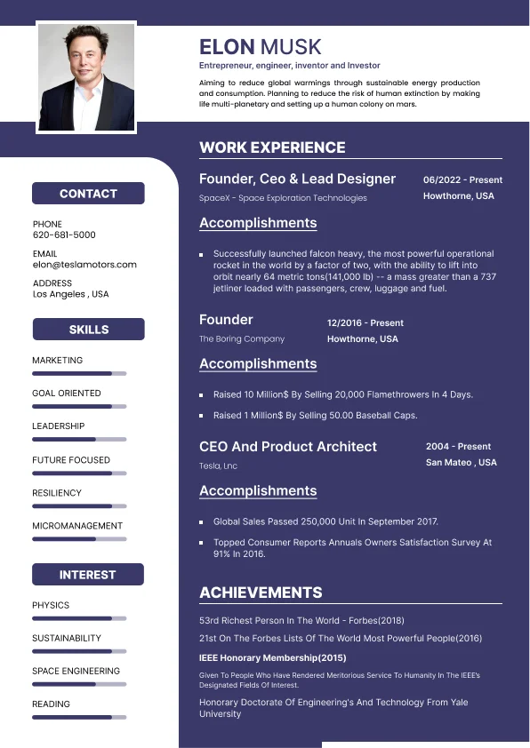 Modèle de CV Elon Musk sur une page : Inspirez-vous du meilleur pour créer le vôtre